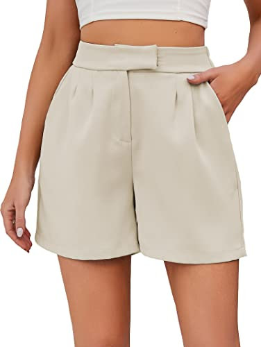 Famulily Damen Casual Plain High Waisted Breites Bein Plissee Shorts Hot Pants mit Taschen Beige XL