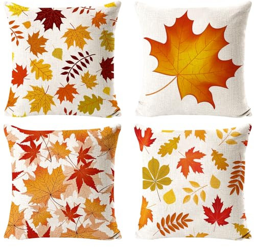 Leonshco 4 Stück Herbst Dekorative Sofakissenbezüge, Thanksgiving -Kissenbezug 45x45 cm, Ahornblatt Design, Leinenmaterial, für Thanksgiving und Herbstdeko, Können in Sofa, Landhaus-Wohnzimmer (B)