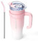 Isolierbecher mit Griff und Strohhalm, Trinkbecher Mit Deckel und Strohhalm, Thermobecher mit Strohhalm Edelstahl und Henkel, Großer Trinkbecher mit Strohhalm, isolier trinkbecher - 1.25L, Rosa-Weiß