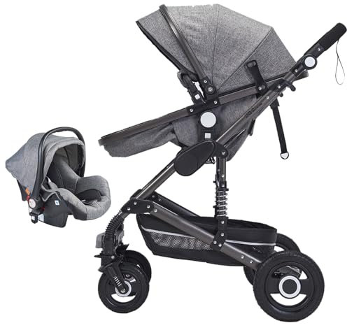 Kinderwagen 3 in 1 Reisesystem Baby Kinderwagen Buggy Verstellbare Sitzeinheit und Babywanne mit Baldachin, Fußsack & 2 in 1 Regenschutz für Neugeborene