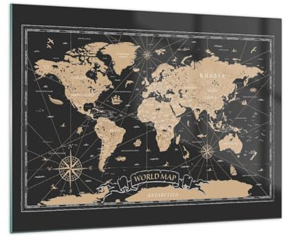 Bilder auf Glas Weltkarte Jahrgang Retro Glasbild 70x50cm Wandbilder Dekoration Wohnzimmer Schlafzimmer Küche Deko Klein Wanddeko Bild im Glas Wand Kunstdruck Art Modern Wall Decor GAA70x50-5430