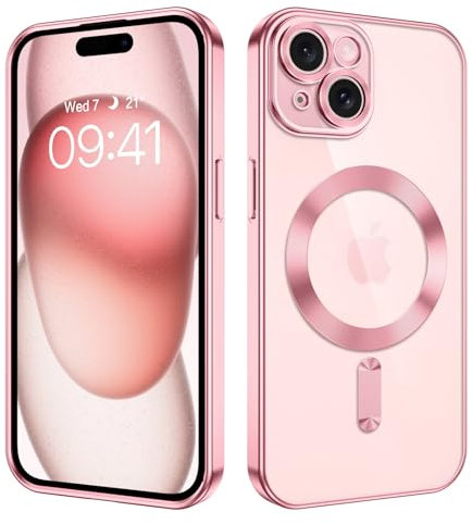 BENTOBEN Magnétique Coque pour iPhone 15 avec Magsafe Protection Antichoc de Grade Militaire, Dos Anti Rayures Etui Silicone Transparente Ultra Mince Housse pour iPhone 15 6.1-Rose