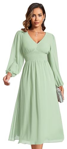 Ever-Pretty Bridesmaid Dresses for Women V Neck Midi Long Sleeve Wedding Guest Dresses Mint Green 22