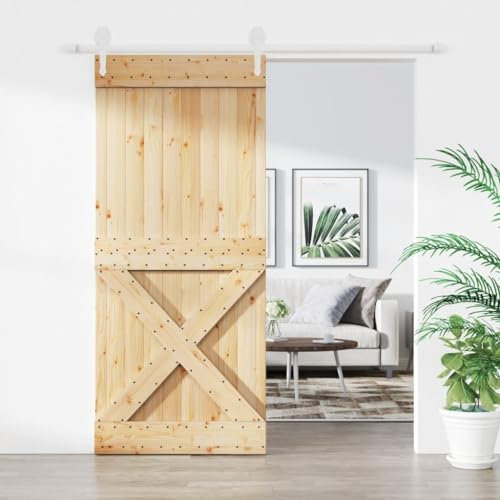 Baziroo Schiebetür mit Beschlag Weiß 90x3,6x210 cm Massives Kiefernholz und Stahl Wohnzimmertuer Zimmertür Holz Zimmertüren Scheunentor Holztuer Innentüren Wooden Door Sliding Door Schibetür