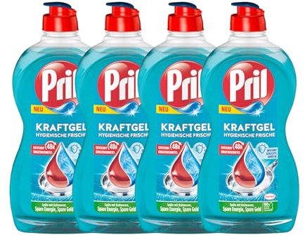 PRIL Kraft Gel fraîcheur hygiénique (4 x 450 ml), liquide vaisselle à la main avec un pouvoir dégraissant maximal, pour une vaisselle propre même à l'eau froide, élimine les mauvaises odeurs