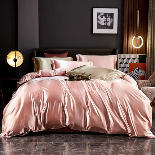 Freyamy Housse de Couette Satin 240x260cm+2 Taie d'oreiller 65x65cm Rose Unie Luxe Parure de lit 2 Personnes Adulte Sets de Housse Couette en Satin de Soie Brillante avec Fermeture Éclair