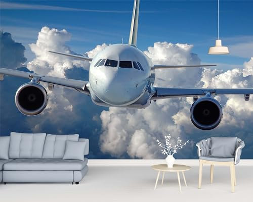 Photo Wallpaper Airplane Blue 350x256 cm Art Wall Mural Photo Non-Woven Print Wallpaper Picture Living Room Kitchen Bedroom Wall Murals Home Poster Decoration