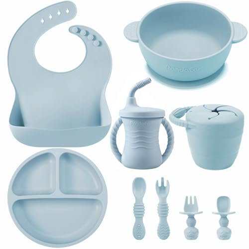 PandaEar Silicone Baby Feeding Set | 9PCS Baby Led Weaning Set | Baby Eating Set | Divided Suction Plate Bowl Bibs Sippy Cup with Baby Snack Container Spoons Forks (Blue)