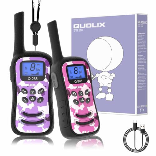 QUOLIX Talkie Walkie Enfants, 2 Voies Longue Portée 8 Canaux avec Fonction Vox, Talkie Walkies Bon Aide pour Camping,Cyclisme, Cadeau de Fête à la Mode pour Garçons et Filles(Camouflage_Rose+Violet)