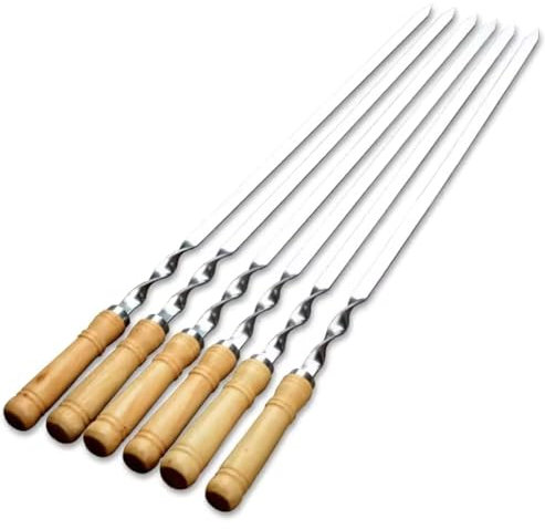 Juego de 6 brochetas de acero inoxidable para asar a la parrilla, pinchos planos de 55 cm, palitos de madera
