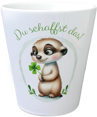 speecheese Erdmännchen mit Kleeblatt Blumentopf mit Spruch Du schaffst das Glücksbringer niedlich Hand süß Tier pflanzenliebend grün