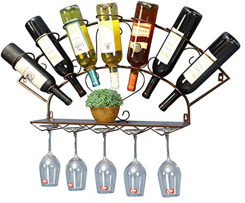 Generico Portabottiglie Fissato al Muro con Porta calici in Vetro Mensole galleggianti Bar Cucina Portabottiglie in Metallo per Vino Porta calici da Vino Porta calici Mensola a Muro
