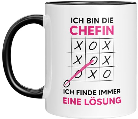 Lustige Tasse mit Spruch | Ich bin die Chefin, ich finde immer eine Lösung | Mit Tic Tac Toe-Motiv | Geschenkidee für den Bossin | Kaffeebecher 330 ml - Geschenk