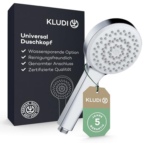 KLUDI-X1 Douchette universale 1 jet, anti calcaire facile à nettoyer, douchette économisant l'eau en option (standard 15 l/m, option 9 l/min), douchette à main (Ø10,7 cm), chromé