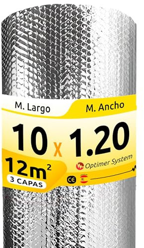 AISLANTE TERMICO MULTIUSOS PREMIUM| Reduce el Frio y el Calor | Rollo Aislante Termico para Ventana, Pared, Suelo, Techo, Coche, Garaje,Camper (10x1.20m | 12m² sin cintas)