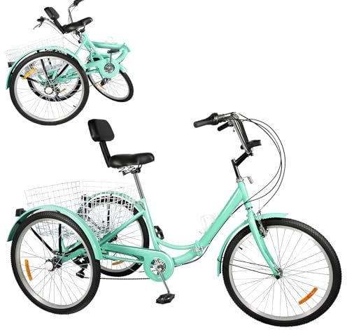 OUKANING Dreirad für Erwachsene 24Zoll 7 Gang - Faltbar 3 Rad Fahrrad bis 120kg Belastbar Höhenverstellbar Dreirad mit Einkaufskorb Trike Bike Radfahren und Senioren (Grün)