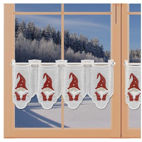 artex deko Winter-Feenhausgardine Kleine Wichtel mit Stickerei in rot-beige bestickte Scheibengardine Advent Leinenoptik 20 x 128 cm