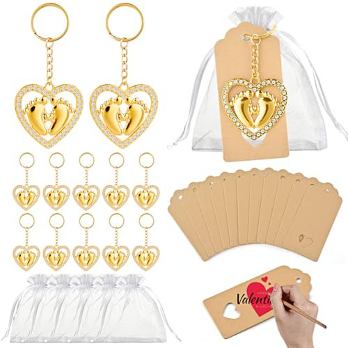 MAOOY 12 Stück Schlüsselanhänger Goldenes Herz+ Organza Beutel + Dankeskarte Gastgeschenke Hochzeit Taufe Weihnachten Mitbringsel Geburtstag Kommunion Konfirmation