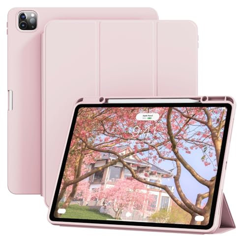 KVTVOU Case for iPad Air 13 Inch 2025(M3)/2024(M2) & iPad Pro 12.9 Inch 2022/2021/2020(6th/5th/4th Generation) with Pencil Holder, Ultra-thin Shockproof, Tri-fold Cover, Auto Wake/Sleep, Pink