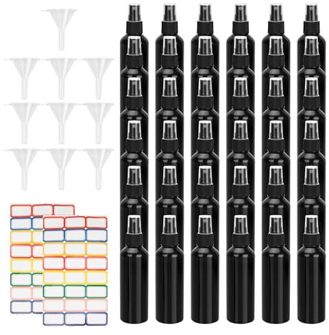 AZKEEGREY 30 Pieces Empty Small Spray Bottle 100 ml Black Fine Mist Spray Bottles Plastic Travel Spray Bottles for Hair Perfume Water Cosmetic, with Funnels and Labels