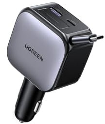 UGREEN 90W Retractable Car Charger Fast Charge, Cigarette Lighter USB Charger with 60W Retractable Cable, 3-Port Car Accessories Compatible with iPhone 16/15, Galaxy S25/24, iPad, Laptops