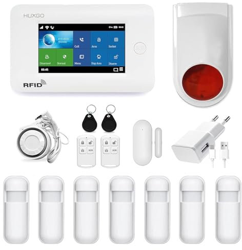 HUXGO HXA006 Funk Alarmanlage mit 7X Bewegungssensoren und Funksirene WiFi; GSM Modul - Alarmanlage Wohnung Garage - Funk Bewegungsmelder mit Empfänger