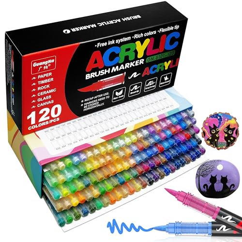 Acrylic Paint Pens, 120 Colours Accrylic Paint Brush Markers, 1-6mm Water-based Brush Tip Marker Paints Set, Art Pens for Rock, Glass, Stone, Metal, Fabric, Wood Ceramic