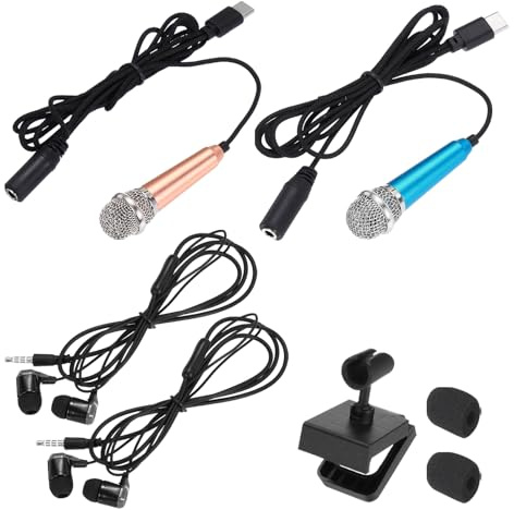 QUARKZMAN 2 Stück Mini Mikrofon Winziges Microphone Telefon Typ C Mikrofon Kleines Karaoke Mikrofon mit Halterung Schwammabdeckung Ohrhörern zum Aufnehmen von Telefonstimmen Gold/Blau