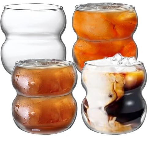 PORFOYO Bubble Gläser 4er Set, 380 ml Gerippte Trinkgläser, Eiskaffee und Latte Macchiato Cocktails, Handgefertigte Glasbecher