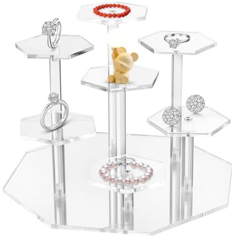 PIANKEKE 7 Tier Hexagon Acrylic Display Stand, Clear Risers | Clear 7 tier acrylic risers display perfume, watches, jewelry, cupcakes, collectibles and action figures