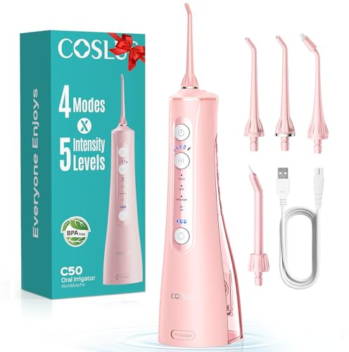COSLUS C50 Jet Dentaire Hydropulseur Irrigateur Oral: 4 modes et 20 niveaux-IPX7 étanche-Technologie Anti éclaboussures-Usage à domicile et en voyage-pour gencives sensibles et santé-Rose Brillant