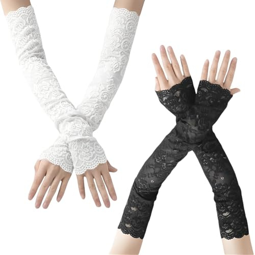 Tomedeks 2 Pcs Arm Covers for Women, UV Protection Lace Sleeves, Fingerless Gloves for Wedding, Opera, Tea Party - Black, 100% Lace, Long Sleeve, Female, Adults