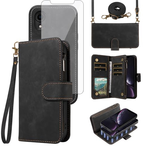 Phone Case for iPhone XR 6.1 Zipper Wallet Magnetic Detachable Cell Cover with Screen Protector Crossbody Lanyard Strap Card Holder iPhoneXR iPhone10R i Phonex 10XR 10R RX CR iPhoneXRcases Women Black