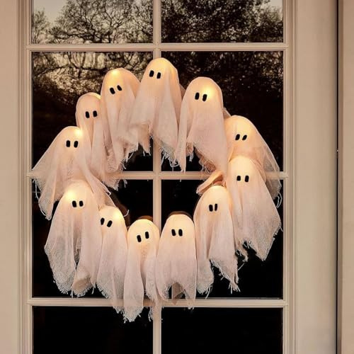 Halloween Türkranz, Halloween Deko Geister Kranz, Ghost Wreath für Türdeko, Halloween-deko Gespenster Deko für Außen Innen Wand Tür Party Dekoration (Weiß)