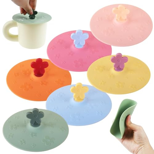 6 Pcs Silicone Lids for Cups, Colored Silicone Cup Lids, Anti-dust Seal Airtight Cup Cover with Spoon Holder, Reusable Universal Cup Lids for Mug Tea Cup Coffee Cup Glass