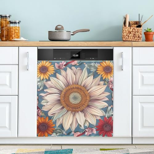 Sunflower Boho Retro Magnet Dishwasher Cover Reusable Fridge Wraps Magnetic Holiday Decor 23x26in
