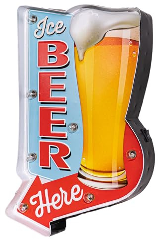 Beer Sign with LED Lights | Vintage Metal Bar Sign 26x36cm | Battery Operated Retro Wall Hanging | Home Bar, Man Cave, Pub Decor | Beer Gift for Men | Beer Here 1