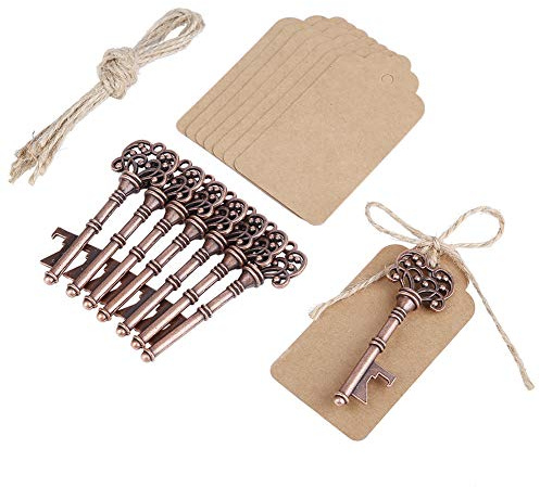 BSTCAR 12 Pieces Vintage Key Bottle Opener with Tags and Hemp Rope for Wedding Party Favors Rustic Decoration