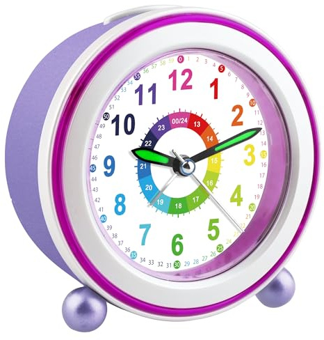 GUUMUXIN Wecker Kinder Analog Ohne Ticken (Lila) | Mit Nachtlicht, Nachttischuhr mit Snooze, Batteriebetrieben, Lernwecker für Jungen und Mädchen