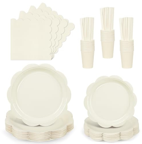 ZUQMZUQ 125 Pcs Cream Paper Plates and Napkins Set, Ivory Party Tableware Set Include Scalloped Plate, Cocktail Napkin, Cups, Straws Party Supplies for Baby Shower, Wedding, Birthday Party
