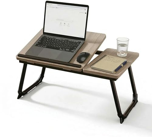 Relaxdays Laptoptisch für Bett & Couch, Holzoptik/schwarz | klappbarer Betttisch, höhenverstellbar, Betttablett, Metall