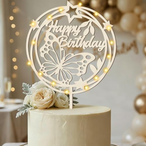 Cake Topper Happy Birthday Holz,Schmetterling Tortendeko Geburtstag Kuchen Deko für Mädchen