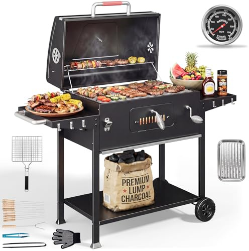 DEVOKO Parrilla de carbón XXL, barbacoas de carbón con tapa, barbacoa grande para balcón, jardín, exterior, barbacoa con parrilla de 71 × 43 cm/termómetro/pinzas para pescado/bandeja para barbacoa