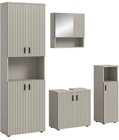 xonox.home – Badkombination Mone 180x192x30 cm in Kaschmir Nachbildung – 4-teiliges Set inkl. 2 Badschränken, Waschbeckenunterschrank & Spiegelschrank – Großzügiges Möbel-Set für perfekte Ordnung
