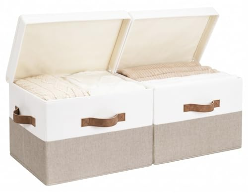 StorageWorks Aufbewahrungsbox Stoff mit Deckel, Kleidung Aufbewahrungsbox mit Deckel, Stapelbar Aufbewahrungskörbe mit Griffen, Faltbare Boxen Aufbewahrung für Kleidung, Braun und Weiß, 2 Stück