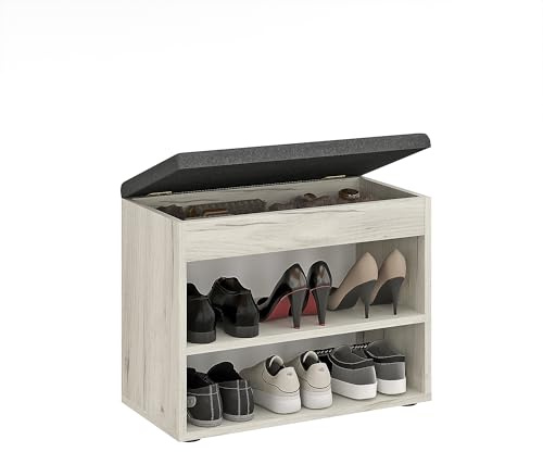 KOMTO Schuhbank mit Sitzfläche - Schuhregal Bank mit Stauraum Weiß Craft Eiche 60 x 48 x 32 cm Kleiner Schuhschrank mit Sitzbank Flur Bank Garderobenbank Sofia