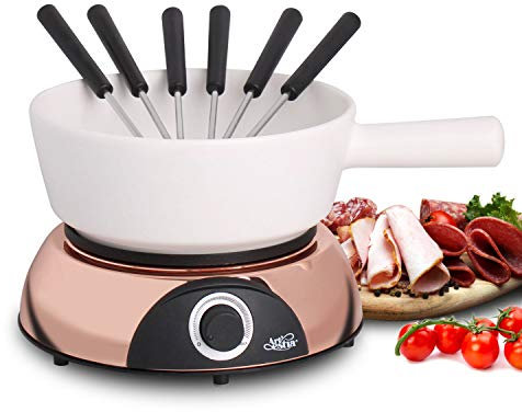 Artestia Swiss Design 2-QT Electric Fondue Pot for Meat, 1500W Ceramic Chocolate Melting Pot with Adjustable Temperature, 6 Fondue Forks, White Ceramic Pot with Rose-Gold Base