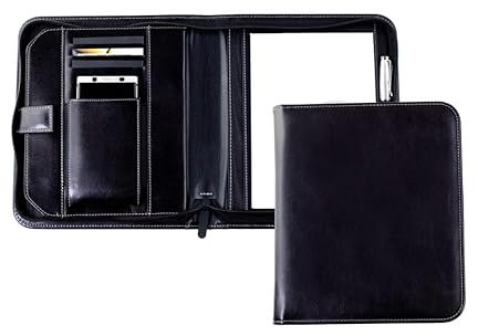 DELMON VARONE - Conférencier personnalisable avec tablette et compartiment pour smartphone DIN A5 Anilin en cuir noir, avec bloc-notes, boucle à stylo, compartiments et fermeture éclair