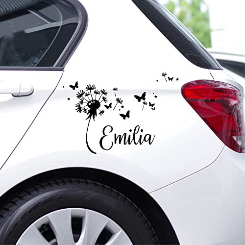 Autoaufkleber Pusteblume mit Schmetterlingen und Ihrem Wunschnamen – Personalisiert in 30 verschiedenen Farben möglich