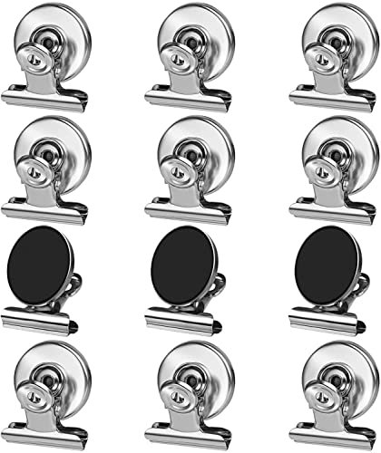 12 Stück Magnetische Clips, Whiteboard Magnete für Magnettafel, Starke Kühlschrankmagnet Clips mit Kratzfesten Klebepads, Magnetische Metall Klammer, Starke Magnete Clip für Foto, Tasche, DIY – Silber
